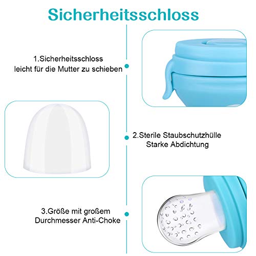 Chupete Fruta Bebe,DIAOCARE Alimentador Antiahogo de Fruta Para Bebés y Niños Pequeños,Sin BPA,Incluye 3 piezas de Todos los Tamaños Sacos de Silicona y Correa para Chupete (Azul)