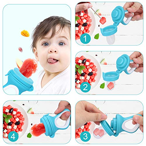 Chupete Fruta Bebe,DIAOCARE Alimentador Antiahogo de Fruta Para Bebés y Niños Pequeños,Sin BPA,Incluye 3 piezas de Todos los Tamaños Sacos de Silicona y Correa para Chupete (Azul)