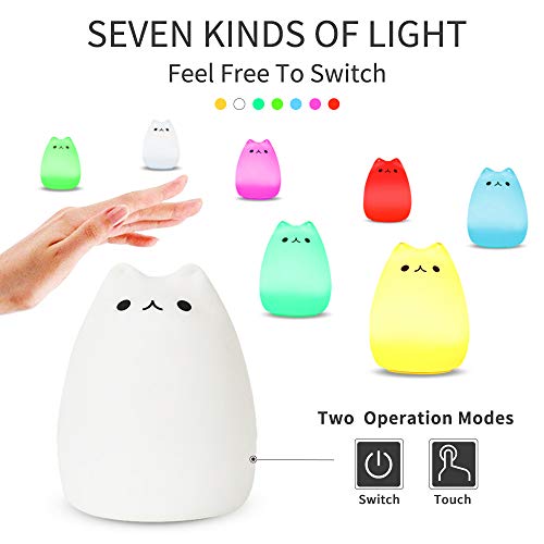 CHwares Lámpara portátil LED del Gato Niños luz de la Noche de los niños Multicolor de Silicona, Blanco cálido y 7 Colores de respiración, Tap Control Sensible, iluminación Recargable USB