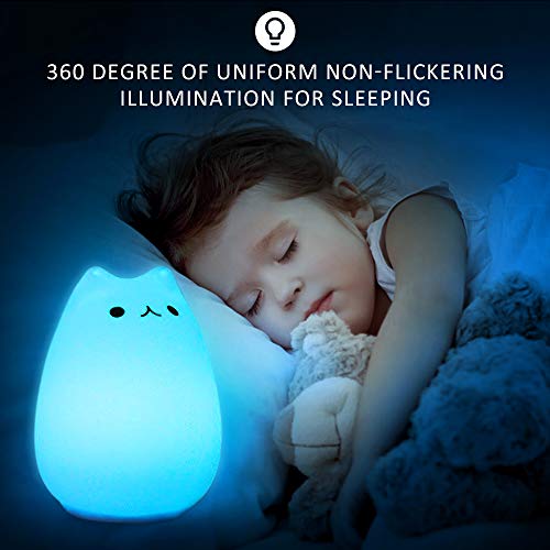 CHwares Lámpara portátil LED del Gato Niños luz de la Noche de los niños Multicolor de Silicona, Blanco cálido y 7 Colores de respiración, Tap Control Sensible, iluminación Recargable USB