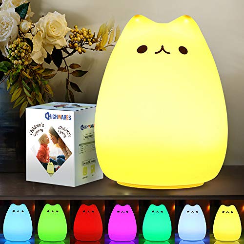 CHwares Lámpara portátil LED del Gato Niños luz de la Noche de los niños Multicolor de Silicona, Blanco cálido y 7 Colores de respiración, Tap Control Sensible, iluminación Recargable USB