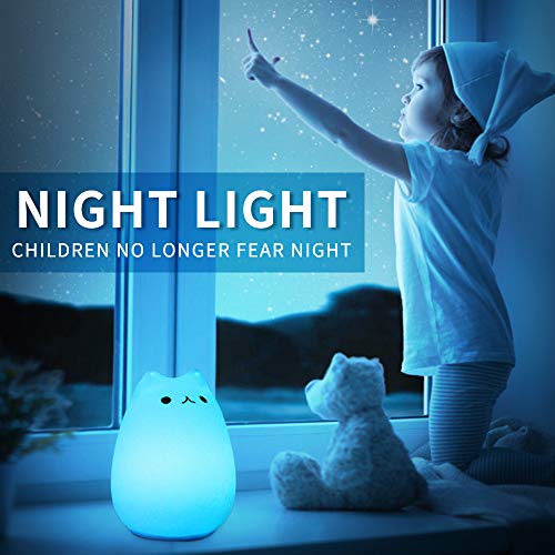 CHwares Lámpara portátil LED del Gato Niños luz de la Noche de los niños Multicolor de Silicona, Blanco cálido y 7 Colores de respiración, Tap Control Sensible, iluminación Recargable USB