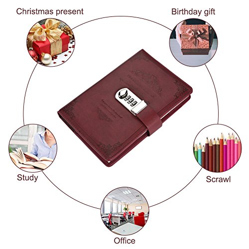 Cizen Diario de Cuero, Cuaderno Diario con Contraseña de Bloqueo, Adecuado para Viajar Oficina Planificación Registros de La Vida Diaria (4.7"x7.3"/100 Páginas,Rojo)