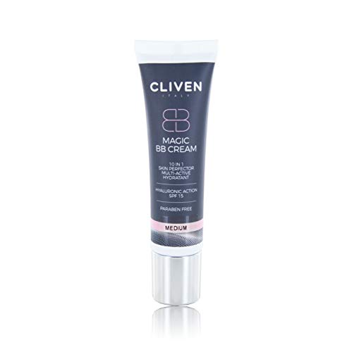 Cliven – Magic BB Cream 10-IN-1 - Crema hidratante con ácido hialurónico corrector de ojeras, efecto iluminador y tonificante, protección solar, color de la piel, 30 ml (mediano)