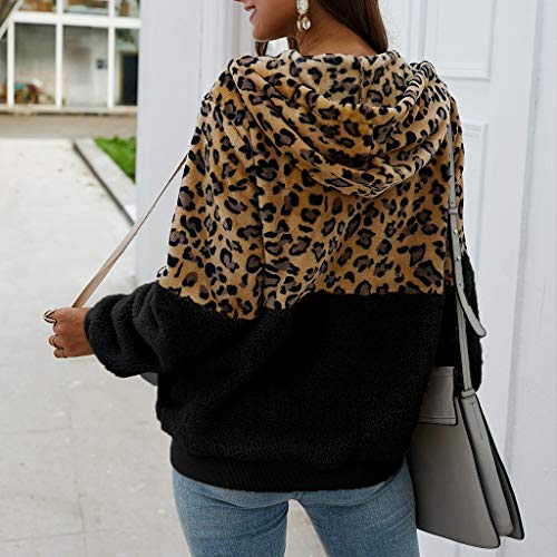 CLOOM Abrigos Mujer Invierno Talla Grande Sudaderas con Capucha y Bolsillo Casual Cremallera Felpa Suéter Tops de Manga Larga Impresión Leopardo Cálido Ropa Chaqueta de Empalme (Negro, XL)