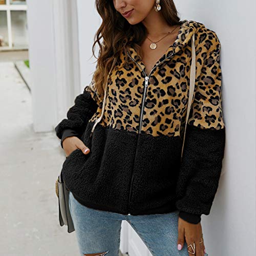 CLOOM Abrigos Mujer Invierno Talla Grande Sudaderas con Capucha y Bolsillo Casual Cremallera Felpa Suéter Tops de Manga Larga Impresión Leopardo Cálido Ropa Chaqueta de Empalme (Negro, XL)