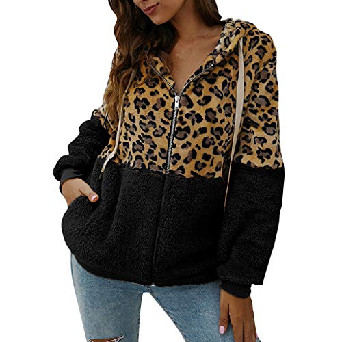CLOOM Abrigos Mujer Invierno Talla Grande Sudaderas con Capucha y Bolsillo Casual Cremallera Felpa Suéter Tops de Manga Larga Impresión Leopardo Cálido Ropa Chaqueta de Empalme (Negro, XL)