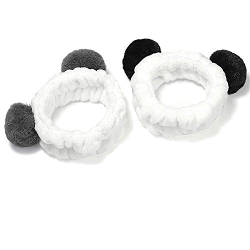 Co-link Panda - Diadema de Forro Polar Suave y elástico con Pompones, para Mujer, 2 Unidades, Color Negro y Gris