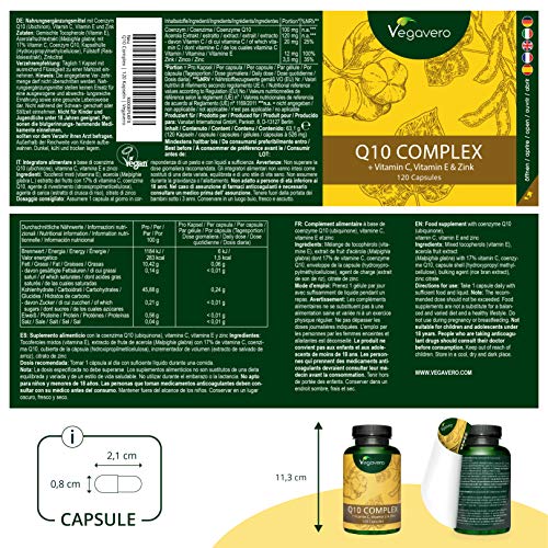 Coenzima Q10 100mg Vegavero® | La Única Natural | COMBINACIÓN ÚNICA: Con Vitaminas C + E + Zinc | SIN ADITIVOS | Antioxidante + Antiedad | 120 Cápsulas | Ubiquinol