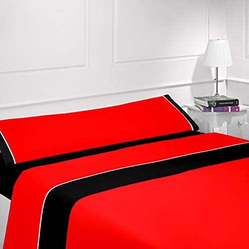 Coflor Juego de sábanas Lisas - Bicolor - Tres Piezas - Tacto Seda - Microfibra Transpirable (Rojo/Negro, 135_x_190/200 cm)