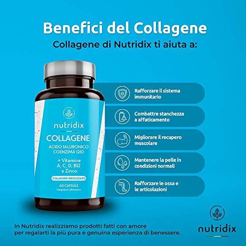 Colágeno + Ácido Hialurónico - Colágeno Hidrolizado para Piel, Pelo y Articulaciones - Vitamina C, A, D, B12, Coenzima Q10 y Zinc - 60 cápsulas Nutridix