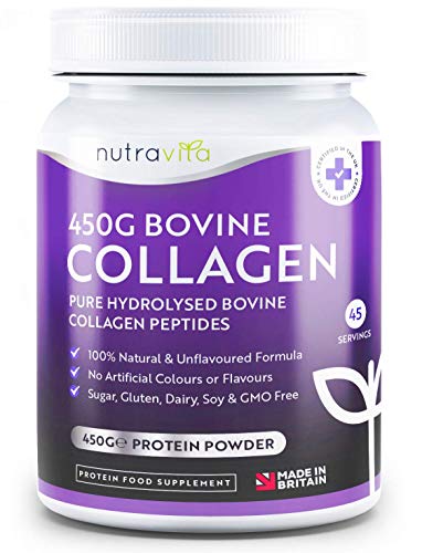 Colágeno Bovino puro Hidrolizado en Polvo 100% Natural - 450g de Proteína de Máxima Calidad (45 Dosis) Sin Colorantes y Aromatizantes Artificiales - Producto Elaborado en el Reino Unido por Nutravita