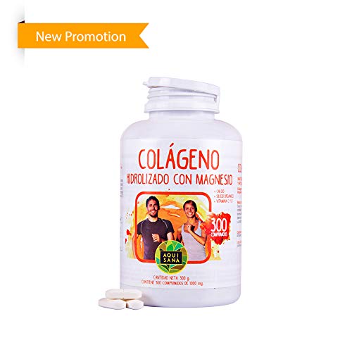 Colágeno Con Magnesio | Colágeno Hidrolizado Con Magnesio y Calcio | Colágeno con vitamina C y vitamina D para ayudar a la energía del día a día | 300 Comprimidos - Aquisana