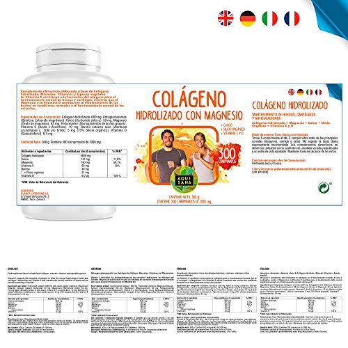 Colágeno Con Magnesio | Colágeno Hidrolizado Con Magnesio y Calcio | Colágeno con vitamina C y vitamina D para ayudar a la energía del día a día | 300 Comprimidos - Aquisana