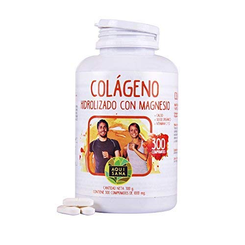 Colágeno Con Magnesio | Colágeno Hidrolizado Con Magnesio y Calcio | Colágeno con vitamina C y vitamina D para ayudar a la energía del día a día | 300 Comprimidos - Aquisana