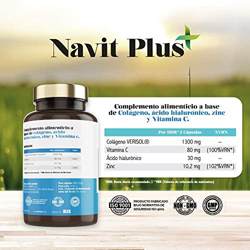 Colágeno hidrolizado con Acido Hialurónico | Vitamina C y Zinc | Código Nacional Farmacia 193336.2 | Suplemento para Articulaciones, piel y huesos fuertes | 100 cápsulas | Navit Plus