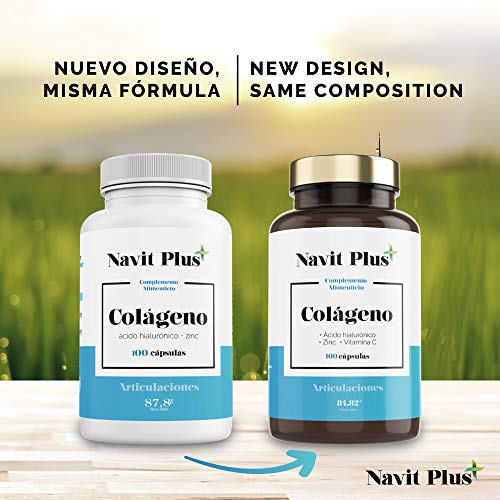 Colágeno hidrolizado con Acido Hialurónico | Vitamina C y Zinc | Código Nacional Farmacia 193336.2 | Suplemento para Articulaciones, piel y huesos fuertes | 100 cápsulas | Navit Plus