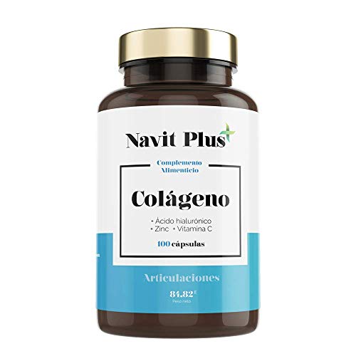Colágeno hidrolizado con Acido Hialurónico | Vitamina C y Zinc | Código Nacional Farmacia 193336.2 | Suplemento para Articulaciones, piel y huesos fuertes | 100 cápsulas | Navit Plus
