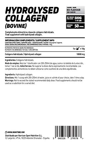Colágeno Hidrolizado de HSN | Origen Bovino | Cuidado y Mantenimiento de las Articulaciones, Huesos Fuertes, Salud de Piel, Cabello y Uñas | Sin Gluten, Sin Lactosa, En Polvo, Sin Sabor, 500g