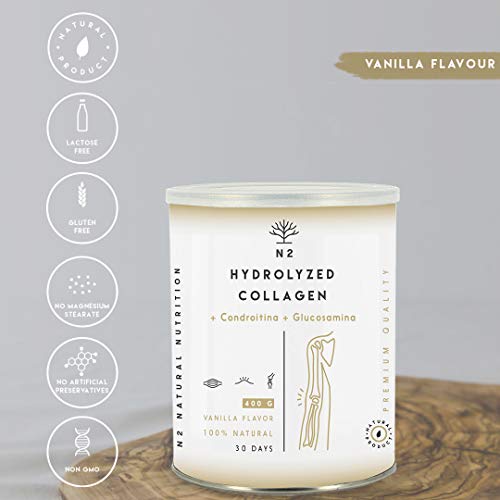 Colágeno Hidrolizado en Polvo Condroitina y Glucosamina Máxima Protección del Cartílago Fortalece Articulaciones Huesos y Piel Magnesio Ácido Hialurónico Vitamina C 400gr Vainilla N2 Natural Nutrition