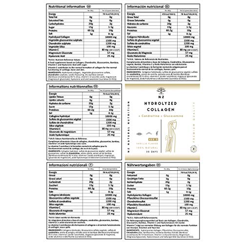 Colágeno Hidrolizado en Polvo Condroitina y Glucosamina Máxima Protección del Cartílago Fortalece Articulaciones Huesos y Piel Magnesio Ácido Hialurónico Vitamina C 400gr Vainilla N2 Natural Nutrition