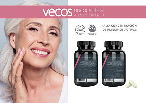 Colágeno hidrolizado Vecos para la buena salud e hidratación de la piel – Elastina, ácido hialurónico, coenzima Q10 y vitamina C para mejorar la elasticidad de la piel – 100 cápsulas vegetales