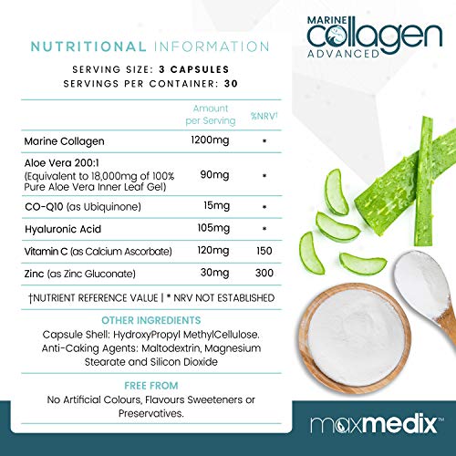 Colágeno Marino, Ácido Hialurónico, Coenzima Q10, Vitamina C y Zinc Dosis Alta 1200mg | Suplemento Para Cabello, Piel, Huesos, Músculos y Articulaciones, Suplemento Antiarrugas, 90 Cápsulas