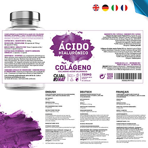 Colágeno Marino con Ácido Hialurónico Cápsulas | Vitamina C| Para Una Piel Radiante y Un Buen Mantenimiento las Articulaciones – 90 Cápsulas - Qualnat