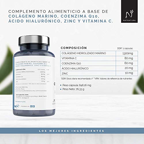 Colágeno Marino Hidrolizado. Colágeno Ácido Hialurónico + Coenzima Q10 + Vitamina C + Zinc. Energía Piel sana, Articulaciones fuertes. 90 cápsulas vegetales máxima pureza y efectividad.