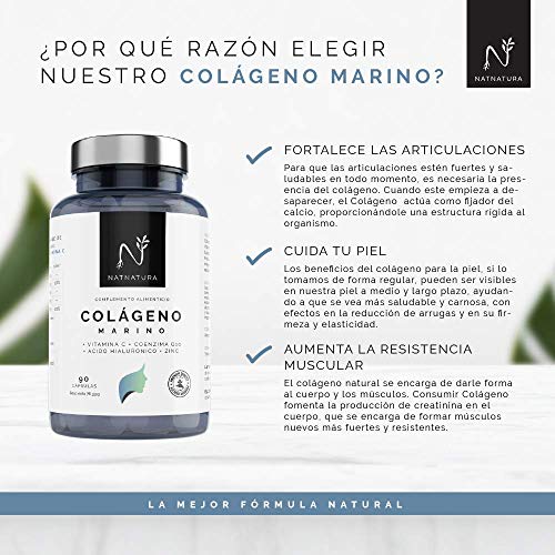 Colágeno Marino Hidrolizado. Colágeno Ácido Hialurónico + Coenzima Q10 + Vitamina C + Zinc. Energía Piel sana, Articulaciones fuertes. 90 cápsulas vegetales máxima pureza y efectividad.