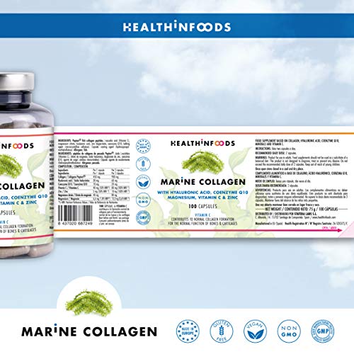 Colágeno Marino Hidrolizado+Ácido Hialurónico+Coenzima Q10+ Magnesio+Vitamina C y Zinc|Suplemento Articulaciones,Piel,Huesos. 100 Cápsulas Veganas|Alta Concentración|Fabricado en España|Healthinfoods