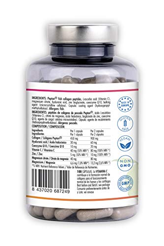 Colágeno Marino Hidrolizado+Ácido Hialurónico+Coenzima Q10+ Magnesio+Vitamina C y Zinc|Suplemento Articulaciones,Piel,Huesos. 100 Cápsulas Veganas|Alta Concentración|Fabricado en España|Healthinfoods