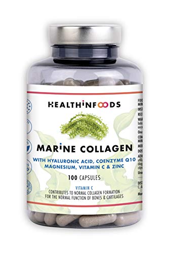 Colágeno Marino Hidrolizado+Ácido Hialurónico+Coenzima Q10+ Magnesio+Vitamina C y Zinc|Suplemento Articulaciones,Piel,Huesos. 100 Cápsulas Veganas|Alta Concentración|Fabricado en España|Healthinfoods