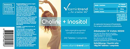Colina con inositol – 240 comprimidos – Para ¡¡8 MESES!! – Capacidad de concentrarse y la memoria – Alta dosificación