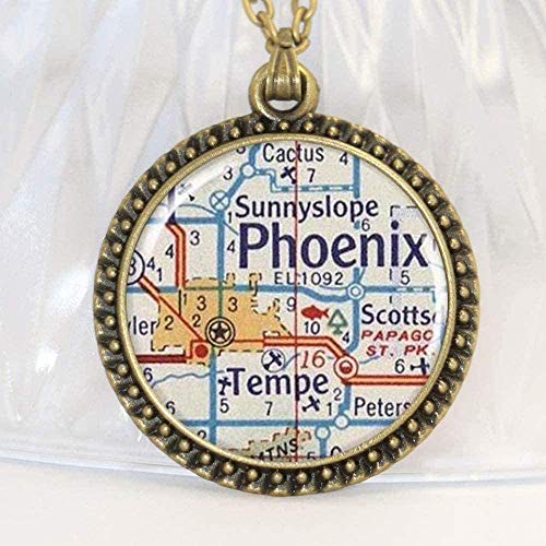 Collar Phoenix Mapa Collar Colgante Encanto Phoenix Arizona Mapa Joyería Mapa Encanto Redondo Color Plata Resina Encanto