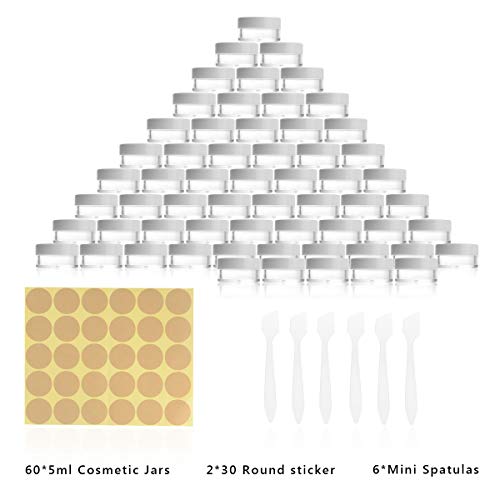 Colmanda Envase Cosmético, 60 Piezas Tarros de Plástico con 6 Raspador Y Pegatinas, 5 ml Contenedores Cosmético, Tarro Vacío Crema para Loción, Crema, Minivelas, Cosméticos - Blanco