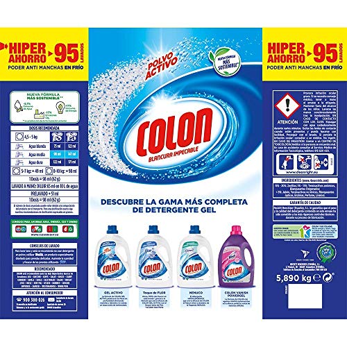 Colon Polvo Activo - Detergente para lavadora, adecuado para ropa blanca y de color, formato polvo - 95 dosis, 5.890 kg