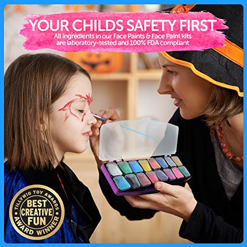 Colorful Art Co Set Pintura facial - Pintura facial infantil premiada - Kit pintura profesional para pieles sensibles - 16 recipientes grandes - 30 plantillas - 3 pinceles - No tóxicos - Base de agua