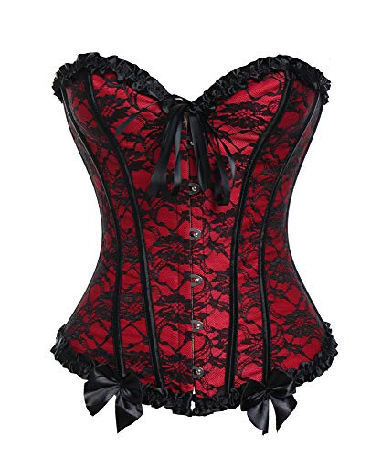 COMFREE Mujer Corsé Clásico Huesos de Plástico Lace Satén Elegante Corset Top para Fiesta Rojo L