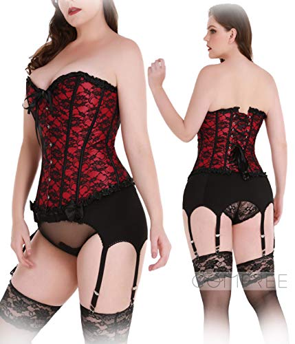 COMFREE Mujer Corsé Clásico Huesos de Plástico Lace Satén Elegante Corset Top para Fiesta Rojo L
