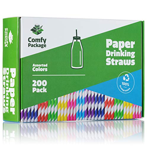 Comfy Package Pajitas de Papel [Paquete de 200] 100% Biodegradable - Colores Surtidos