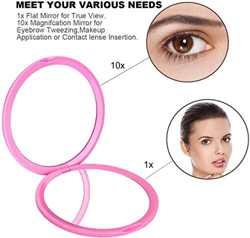 Compacto Espejo de Bolsillo, Espejos de Mano Portátil para Viaje con Aumentos 10X y Imagen Real Espejos Maquillaje Profesional Plegable Redondo para Bolsa Regalos, Mujer (Rosa)