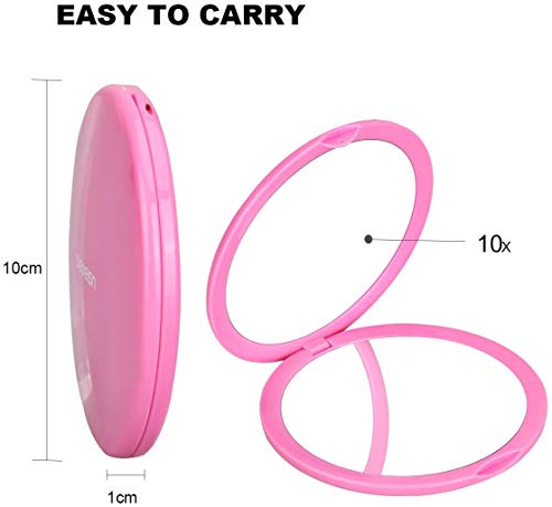 Compacto Espejo de Bolsillo, Espejos de Mano Portátil para Viaje con Aumentos 10X y Imagen Real Espejos Maquillaje Profesional Plegable Redondo para Bolsa Regalos, Mujer (Rosa)
