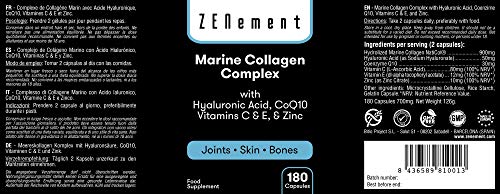 Complejo de Colágeno Marino, con Ácido Hialurónico, CoQ10, Vitaminas C & E y Zinc, 180 Cápsulas | Péptidos para Articulaciones, Piel y Huesos | de Zenement
