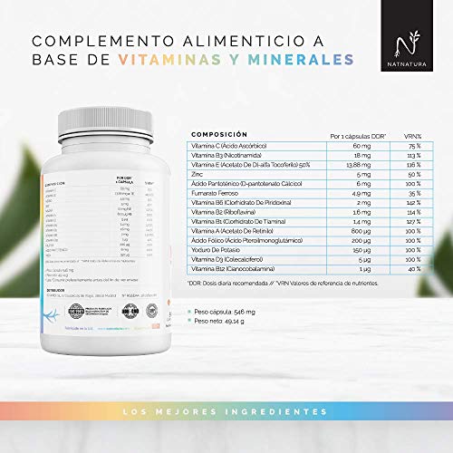 Complejo multivitamínico con Vitamina D 3 para hombre y mujer, a base de vitaminas y minerales. Reduce el cansancio, la fatiga y refuerza el sistema inmunitario. 90 cápsulas.