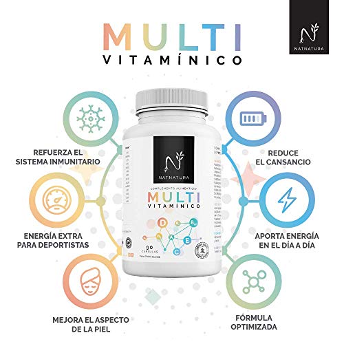 Complejo multivitamínico con Vitamina D 3 para hombre y mujer, a base de vitaminas y minerales. Reduce el cansancio, la fatiga y refuerza el sistema inmunitario. 90 cápsulas.