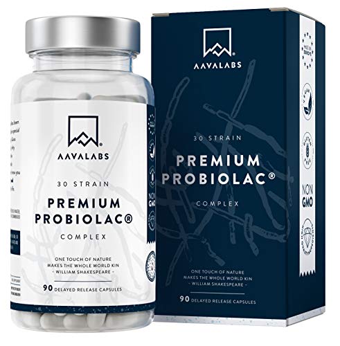 Complejo Probiolac Premium - Alta Potencia - 120 Mil Millones de UFC - 30 Cepas de Bacterias Buenas - Zinc Añadido para el Sistema Inmunológico y Soporte para el Metabolismo - 90 Cápsulas