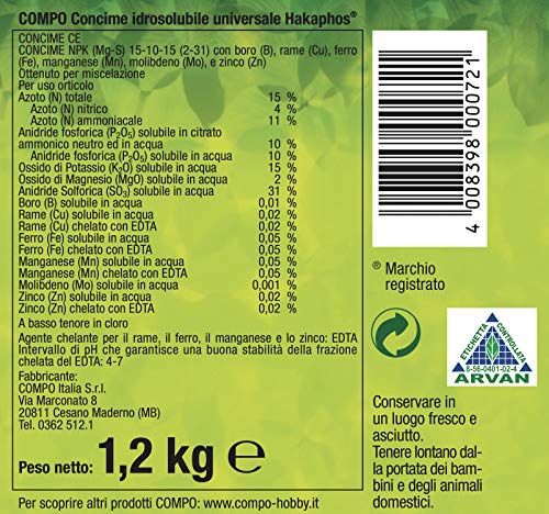 Compo - Abono hidrosoluble Universal, Alto título de Elementos nutritivos y microelementos, Ideal para Todas Las Plantas del huerto, balcón y jardín 1,2 kg, 13,2 x 13,2 x 17 cm