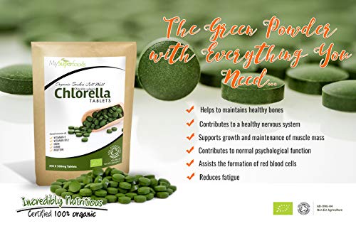 Comprimidos De Clorela De Pared Celular Rota Orgánica, (300 x 500mg), MySuperFoods, Increíble alto contenido de Clorofila, Repleto de nutrientes, certificado como producto orgánico