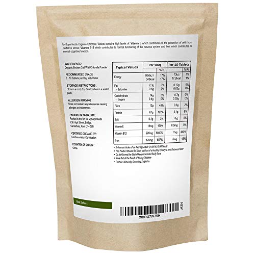 Comprimidos De Clorela De Pared Celular Rota Orgánica, (300 x 500mg), MySuperFoods, Increíble alto contenido de Clorofila, Repleto de nutrientes, certificado como producto orgánico